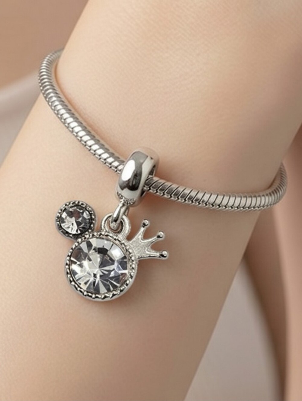 Royal Mouse Ear CZ Dangle Charm Silver European Disney inspired Bracelet Bead